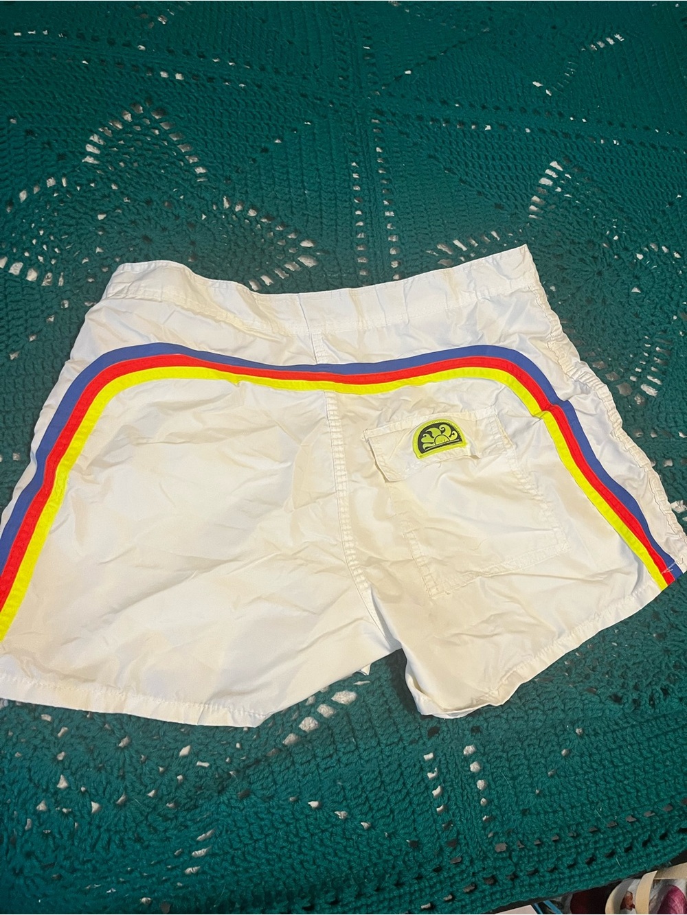 Sundek White Athletic Shorts with Red, Blue & Yellow Side Stripes